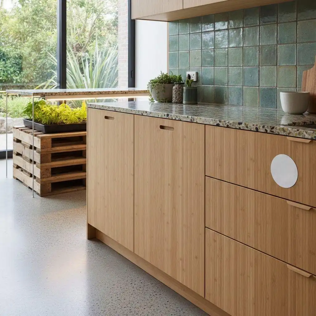 Modern frameless kitchen cabinets with light wood finish and gray stone countertops - design ideas