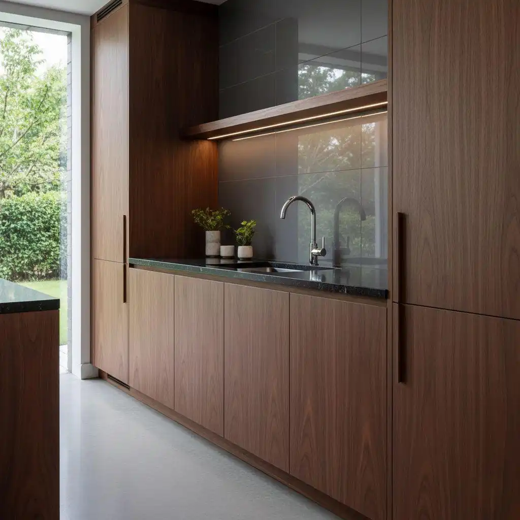 Dark walnut veneer modern frameless kitchen cabinets with under-cabinet LED lighting