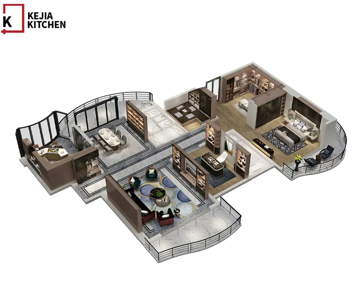 3D isometric floor plan of modern apartment with integrated living room, kitchen, bedroom, and home office spaces, showcasing whole-house interior design solution by KEJIA KITCHEN