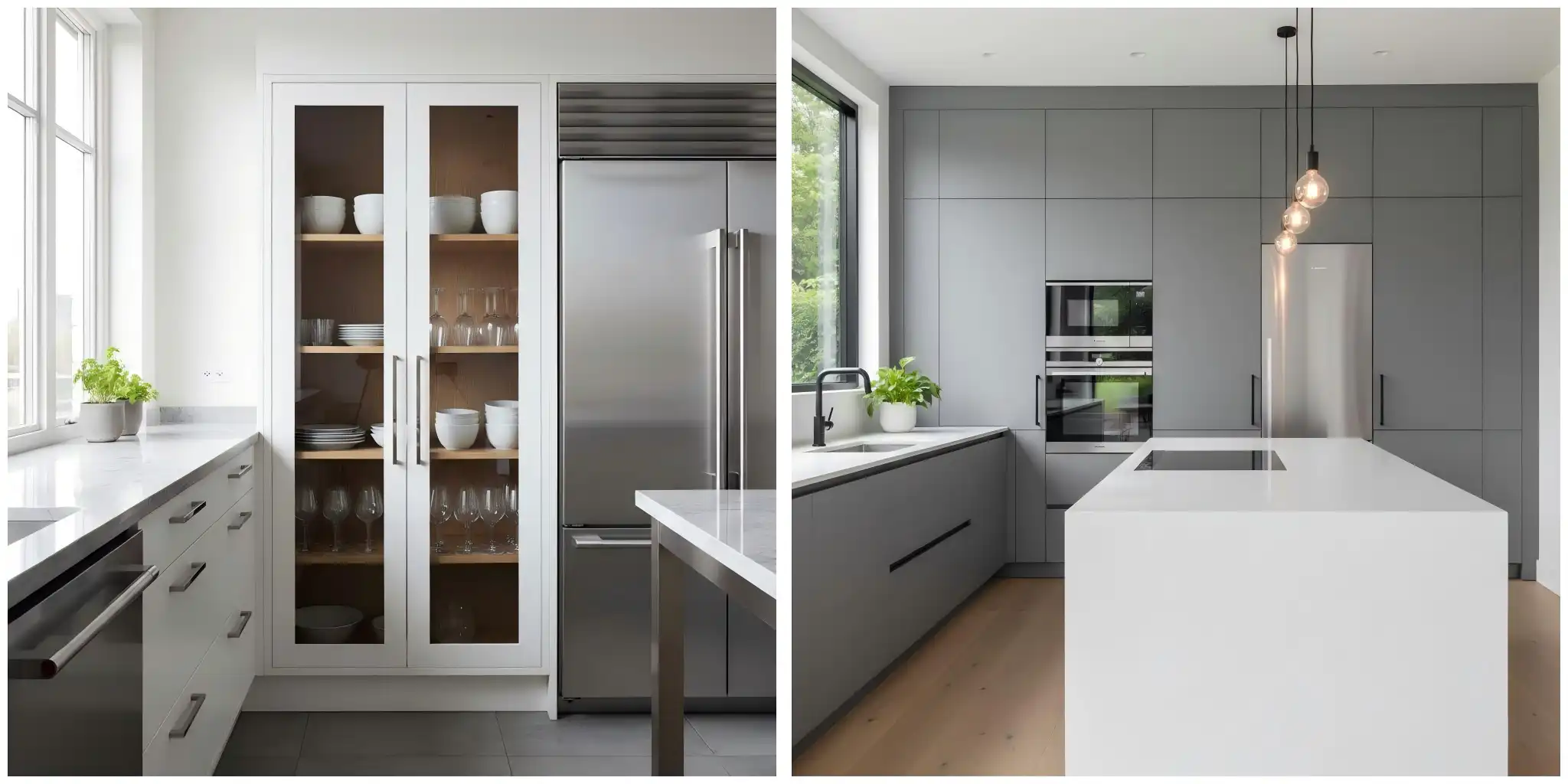 Cupboard vs Cabinet What Are the Differences？Left: Glass-fronted kitchen cabinet with open shelving displaying dinnerware; Right: Modern gray cupboard system with integrated appliances - visual comparison of storage furniture