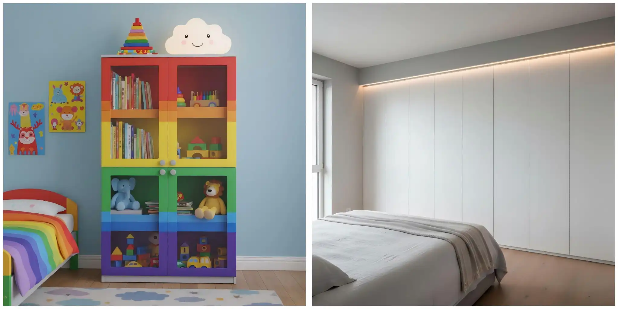 Left: Colorful rainbow cupboard with glass doors displaying toys and books in a children's room; Right: White built-in cabinet system with hidden storage in a minimalist bedroom - furniture comparison