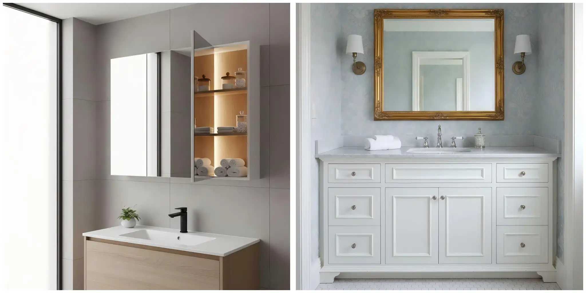 Left: Modern bathroom cabinet with mirrored doors and internal lighting; Right: Traditional white bathroom cupboard with drawers and double doors - storage furniture comparison