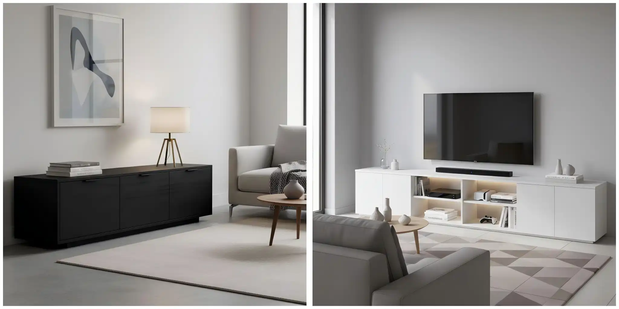Left: Black wooden cupboard with closed drawers in minimalist living room; Right: White TV cabinet with open shelves and closed storage compartments - visual comparison of furniture types
