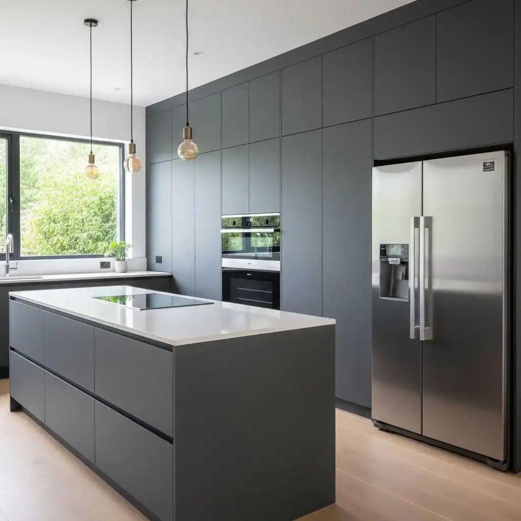 Contemporary kitchen with sleek gray cabinetry, island countertop, stainless steel appliances and pendant lighting - modern cabinet design inspiration