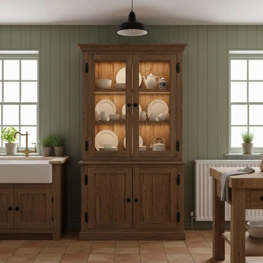 Wooden glass-fronted cupboard with interior lighting displaying white dinnerware in a country-style kitchen with green paneled walls and wooden countertops