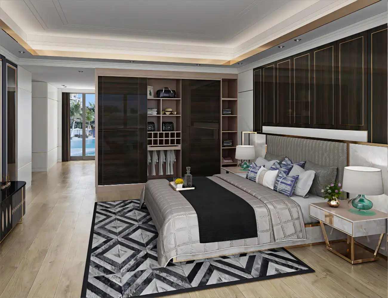 3D isometric floor plan of modern apartment with integrated living room, kitchen, bedroom, and home office spaces, showcasing whole-house interior design solution by KEJIA KITCHEN