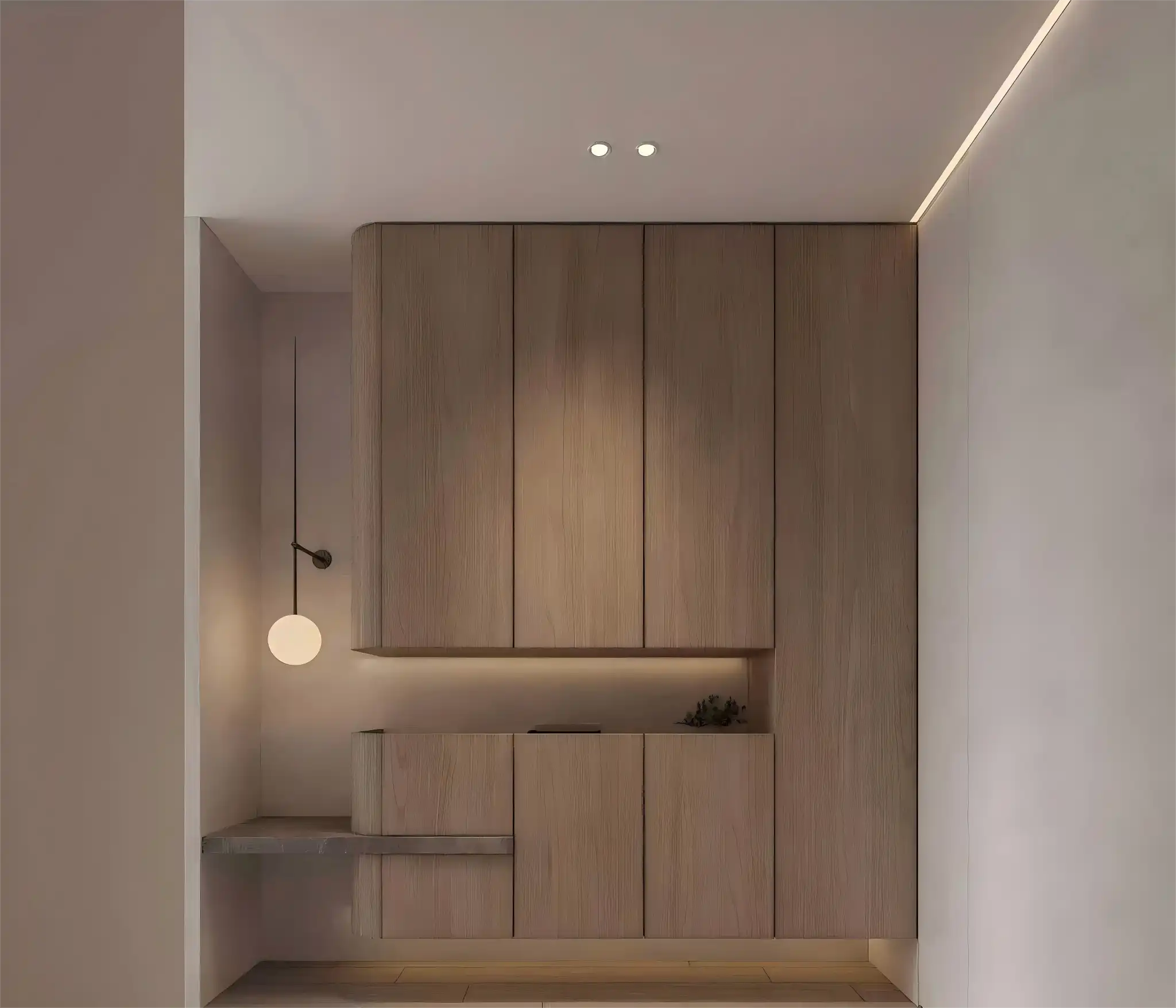 Light wood entryway cabinet with upper and lower storage, open niche shelf, and warm ambient lighting