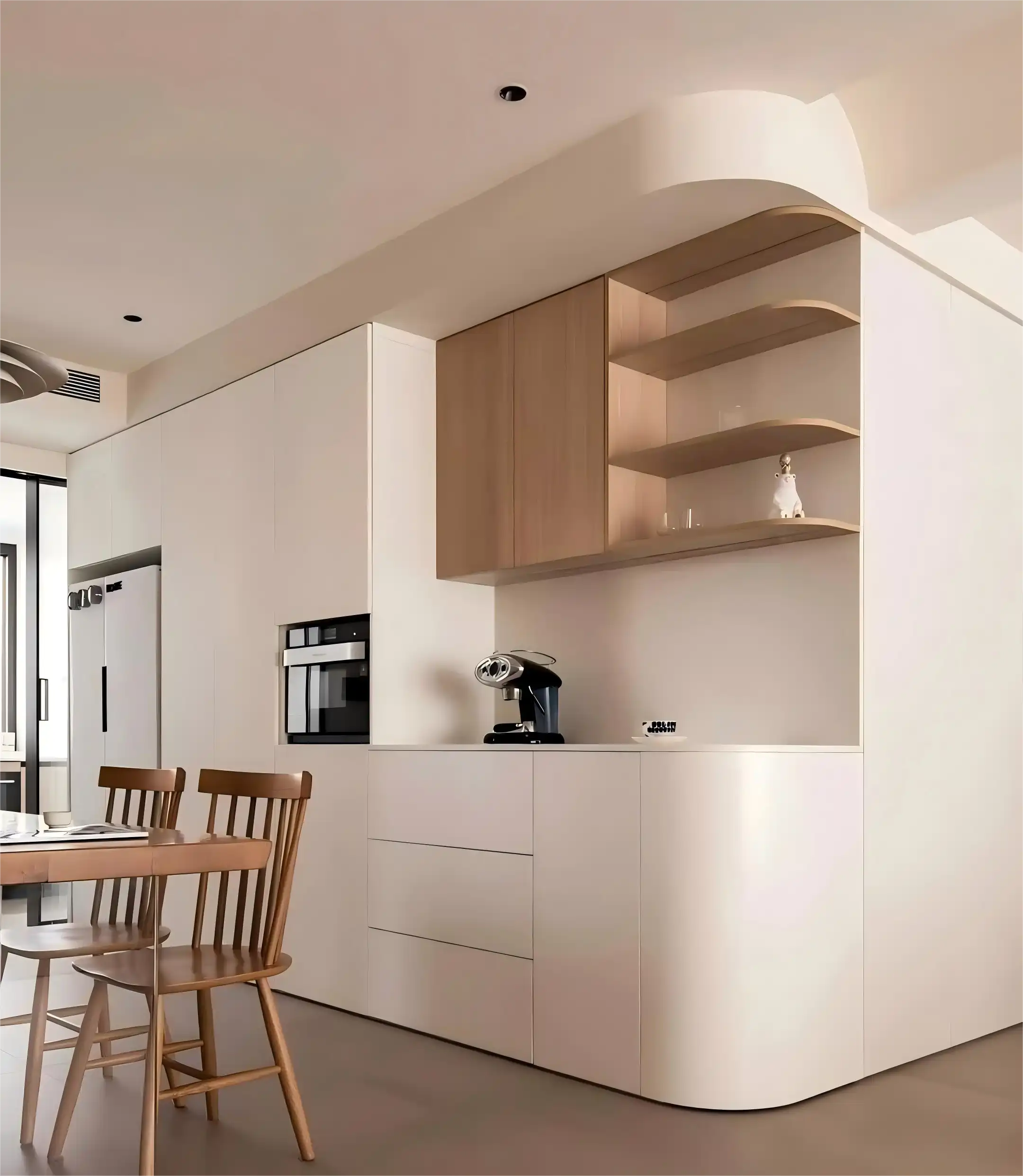 Minimalist light wood dining room cabinet with floating shelves, integrated microwave, and seamless white high-gloss storage units in modern kitchen-dining space