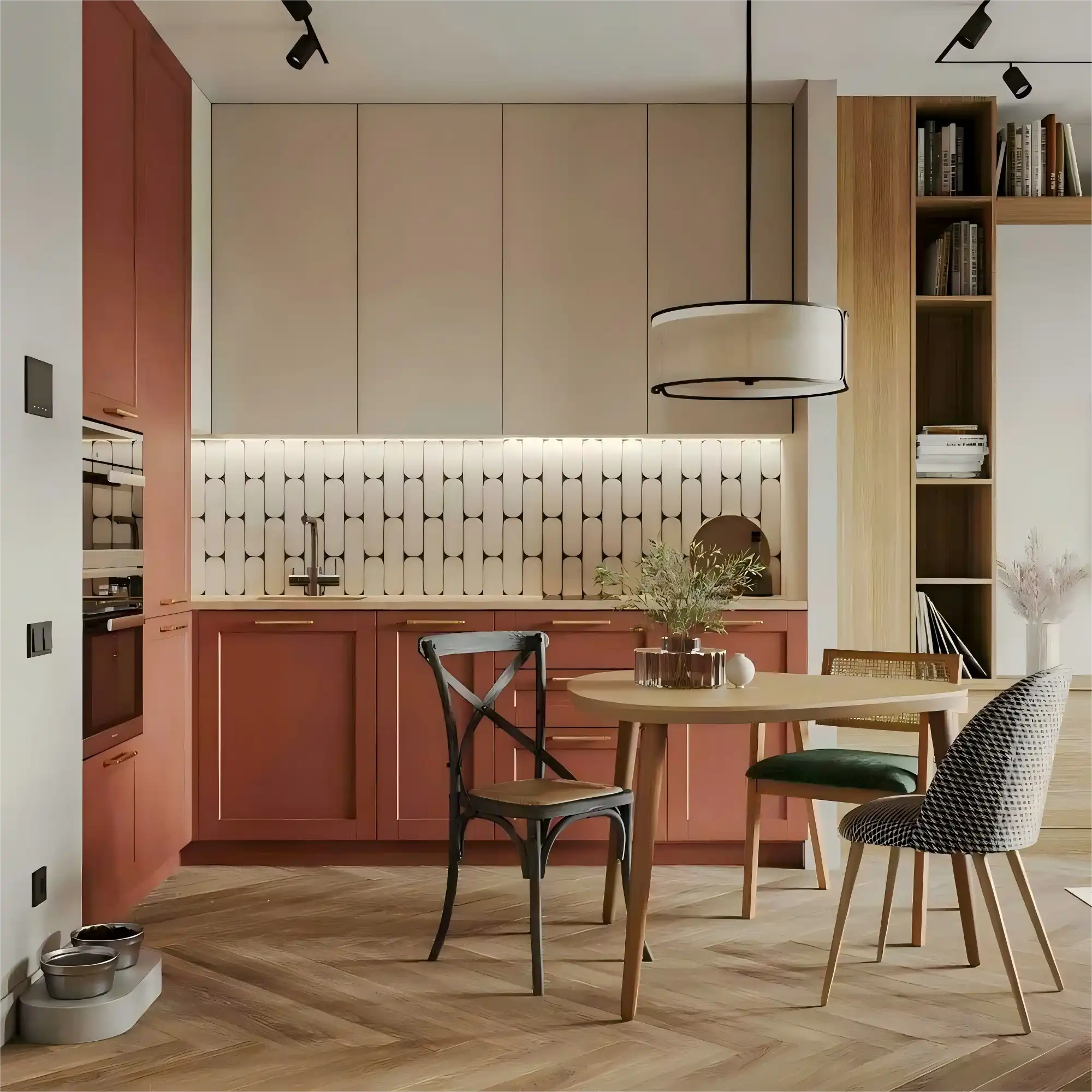 Terracotta and beige two-tone dining room cabinet with gold hardware, LED under-cabinet lighting, and geometric tile backsplash in modern kitchen-dining space