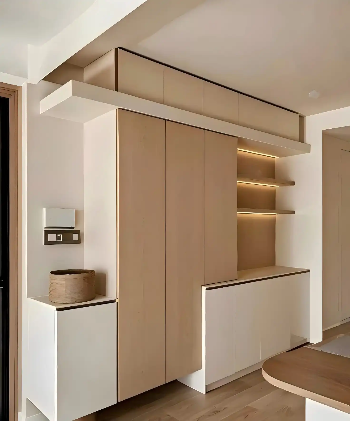 Modern entryway cabinet with light wood finish, upper storage吊柜, LED-lit open shelves and woven basket decor