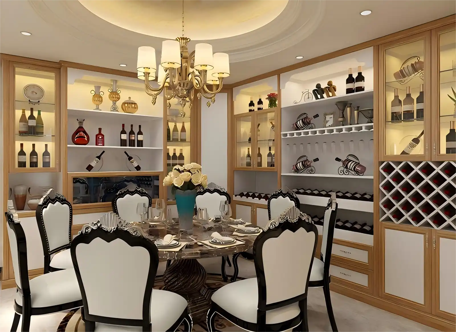 Elegant wooden wine cabinet with glass doors, golden chandelier, and curved display shelves in luxury dining room setting