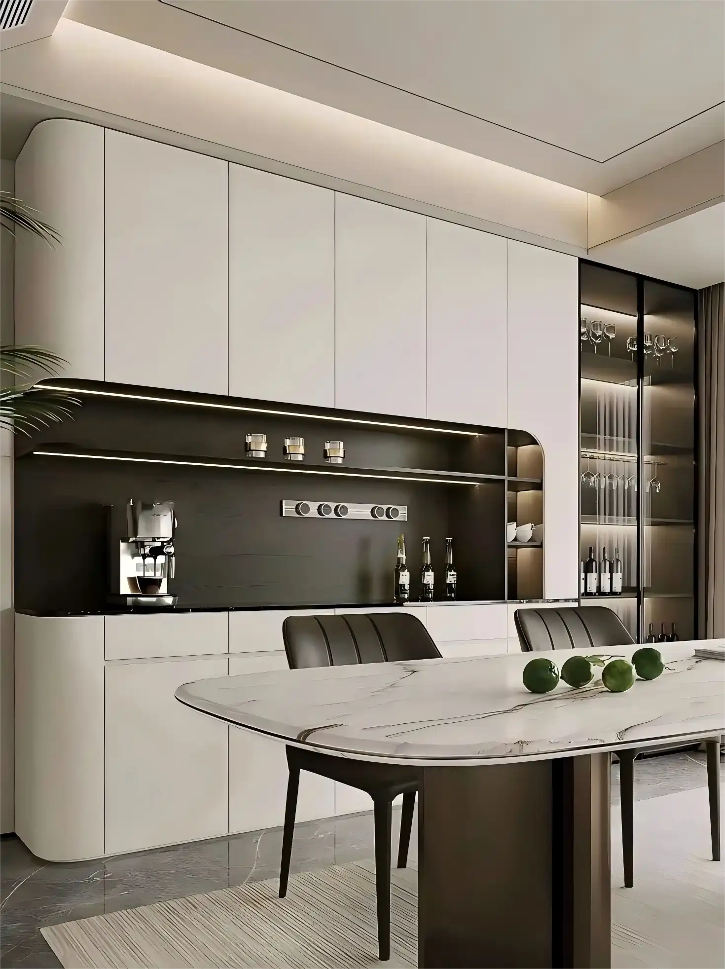 Modern white and black dining room cabinet storage with LED lighting, glass-front display cabinets, and integrated wine glass holders for organized dinnerware and beverage storage
