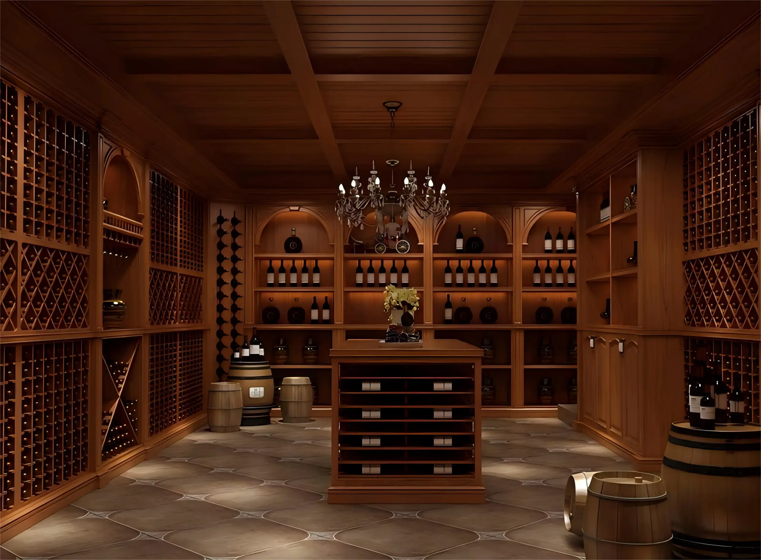 Luxurious wooden wine cellar with diamond-patterned racks, chandelier lighting, and custom cabinetry for premium wine storage