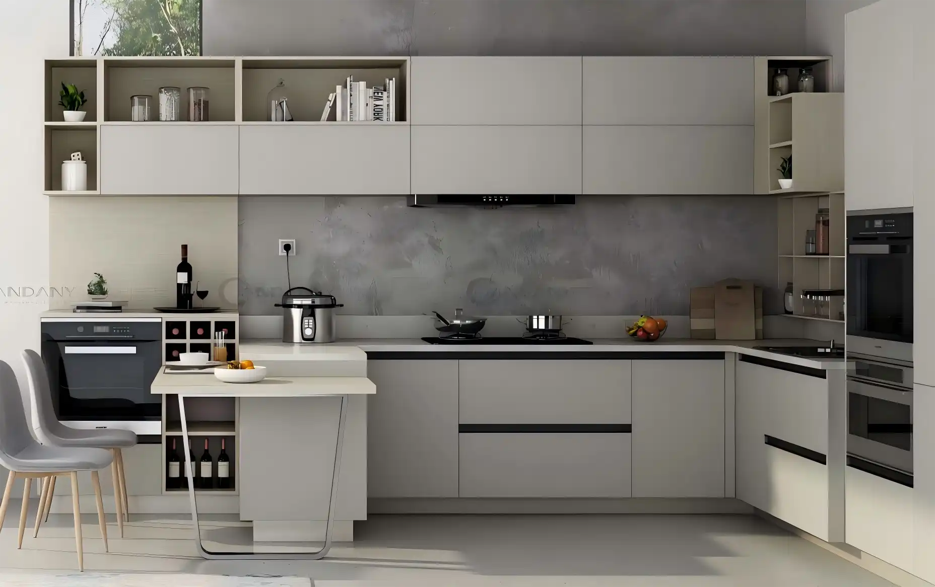 kappframework ScZDBN11 Modern minimalist kitchen with light gray cabinets featuring standard depth design, open shelving, and integrated appliances for efficient storage