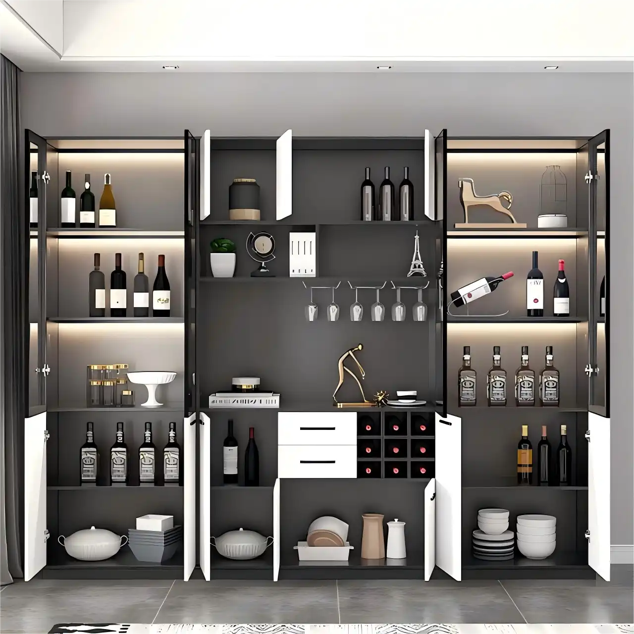 The modern black and white color combination wine cabinet set features a glass-door display area, LED lighting and an integrated wine rack, making it suitable for contemporary home bar designs.