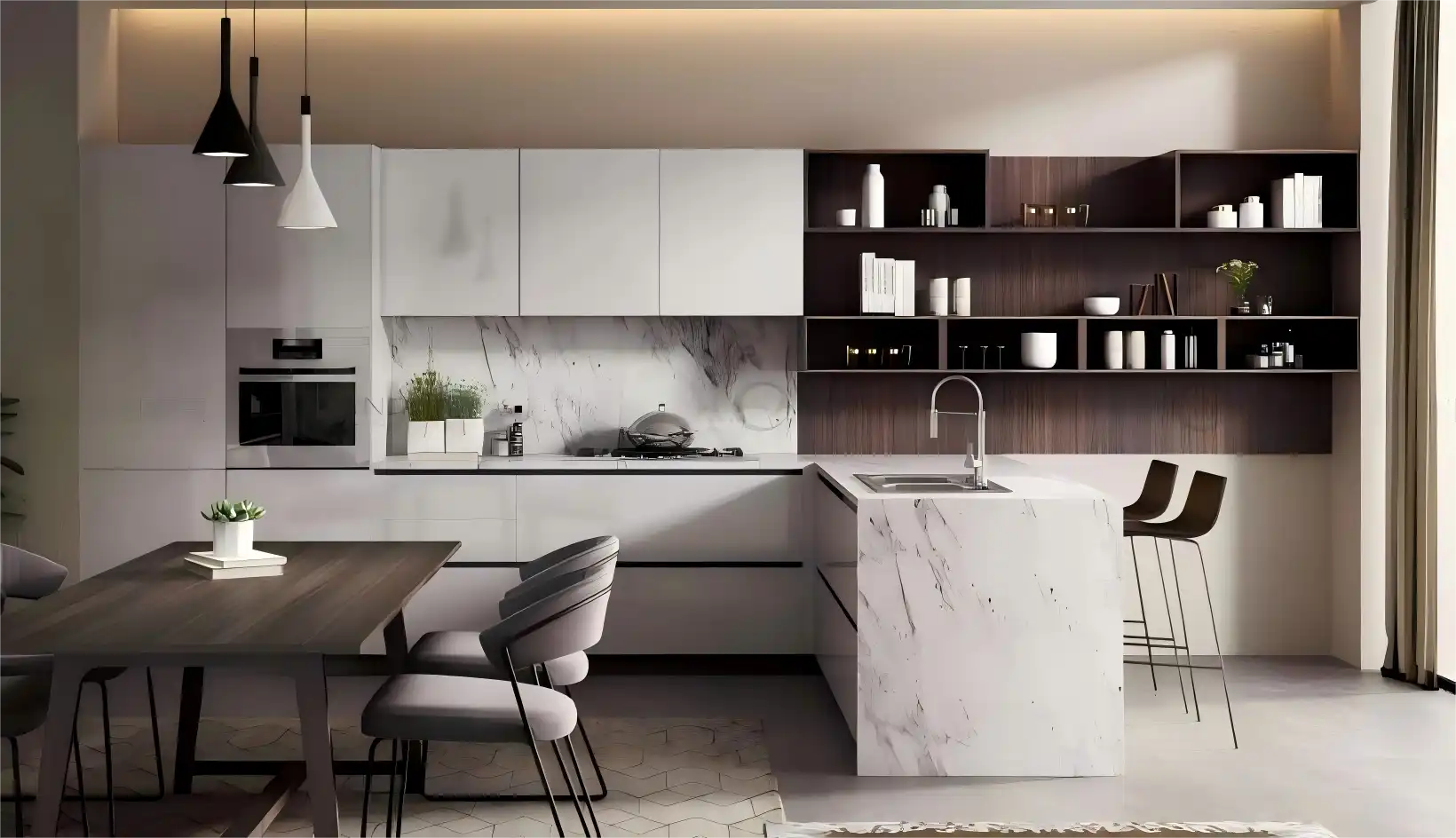 Modern kitchen with white upper cabinets and wooden lower storage featuring standard depth design, marble countertops, and integrated dining area