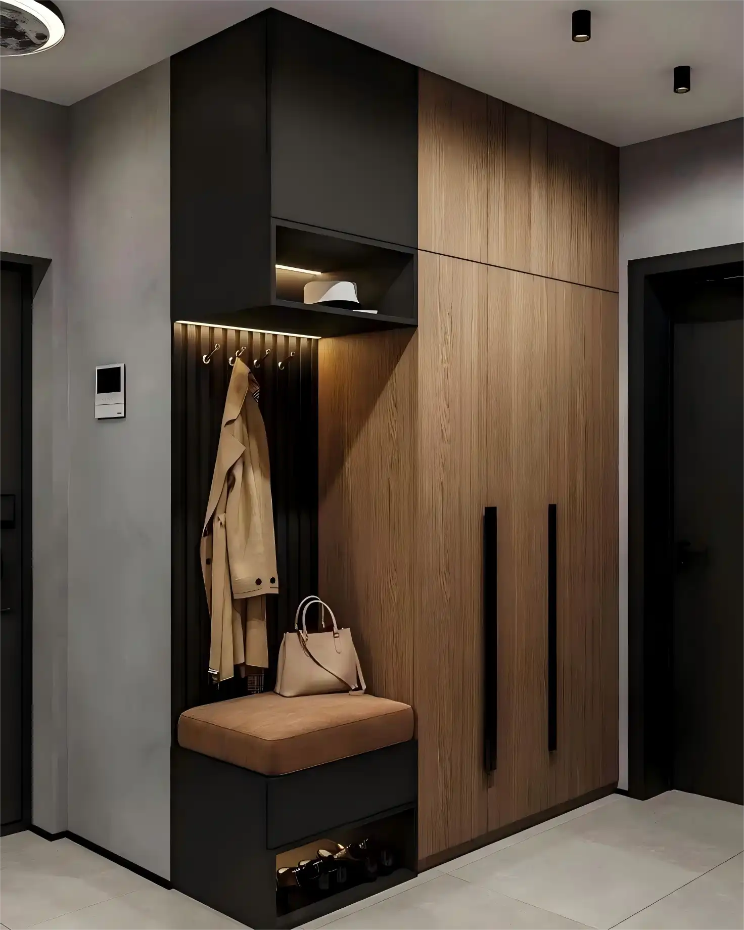 Modern entryway cabinet with black and wood finish, coat rack, padded bench and LED-lit shelf