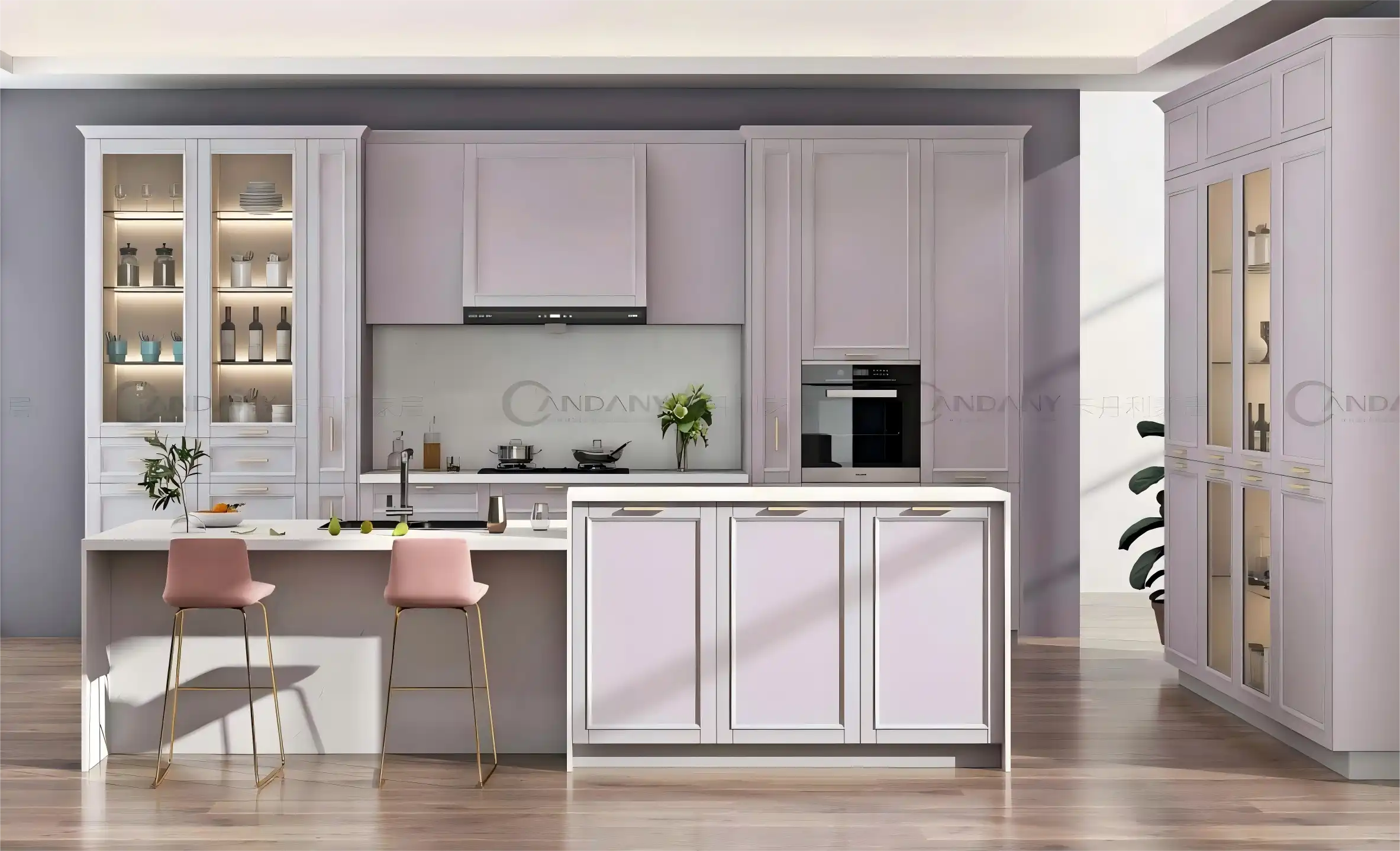 kappframework cOyGvF11 Modern kitchen with light purple cabinets featuring standard depth design, central island, and glass-front display units for optimal storage solutions