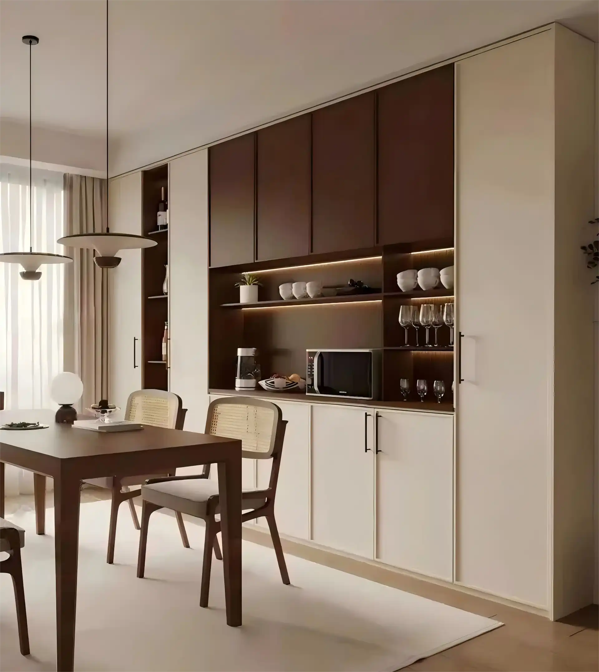 Modern dining room cabinet with combination of dark brown and cream-colored panels, integrated LED lighting, and open shelving for glassware and decorative items