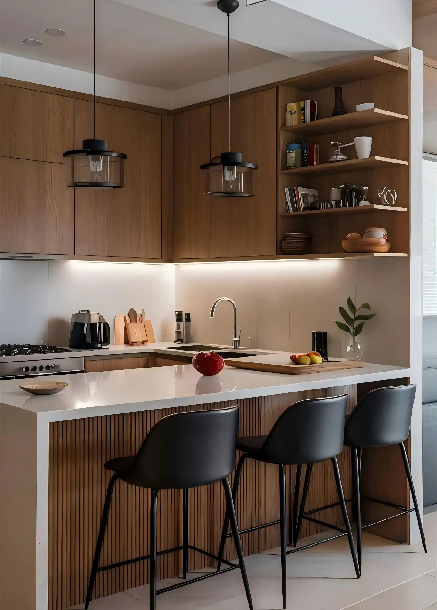 Natural wood upper kitchen cabinets with handleless design, integrated LED lighting, and open shelving display in modern minimalist kitchen