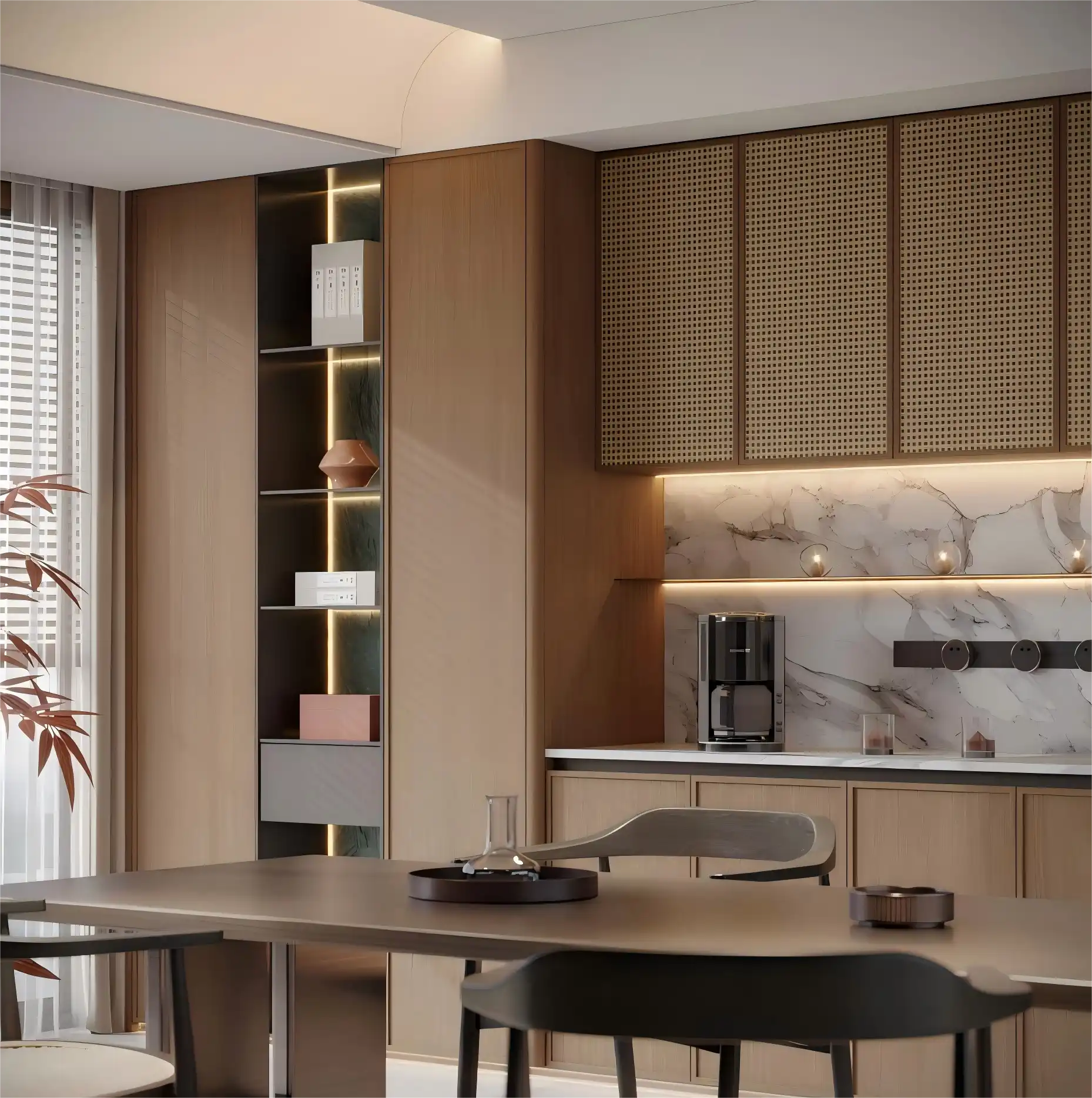 simple door panel collection featuring wooden solid panel, rattan weave pattern, glass insert, and geometric lattice designs in brown finish