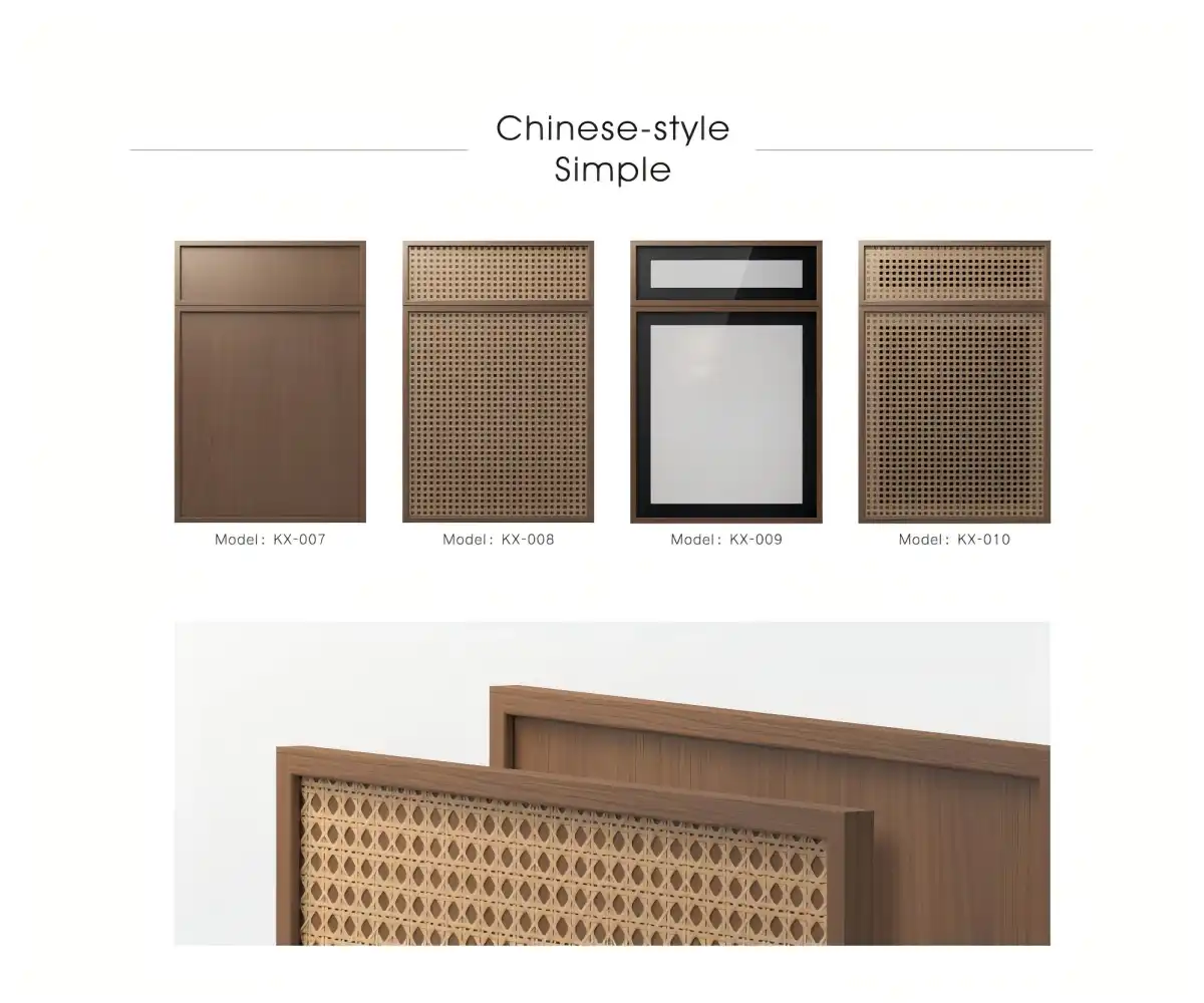 simple door panel collection featuring wooden solid panel, rattan weave pattern, glass insert, and geometric lattice designs in brown finish