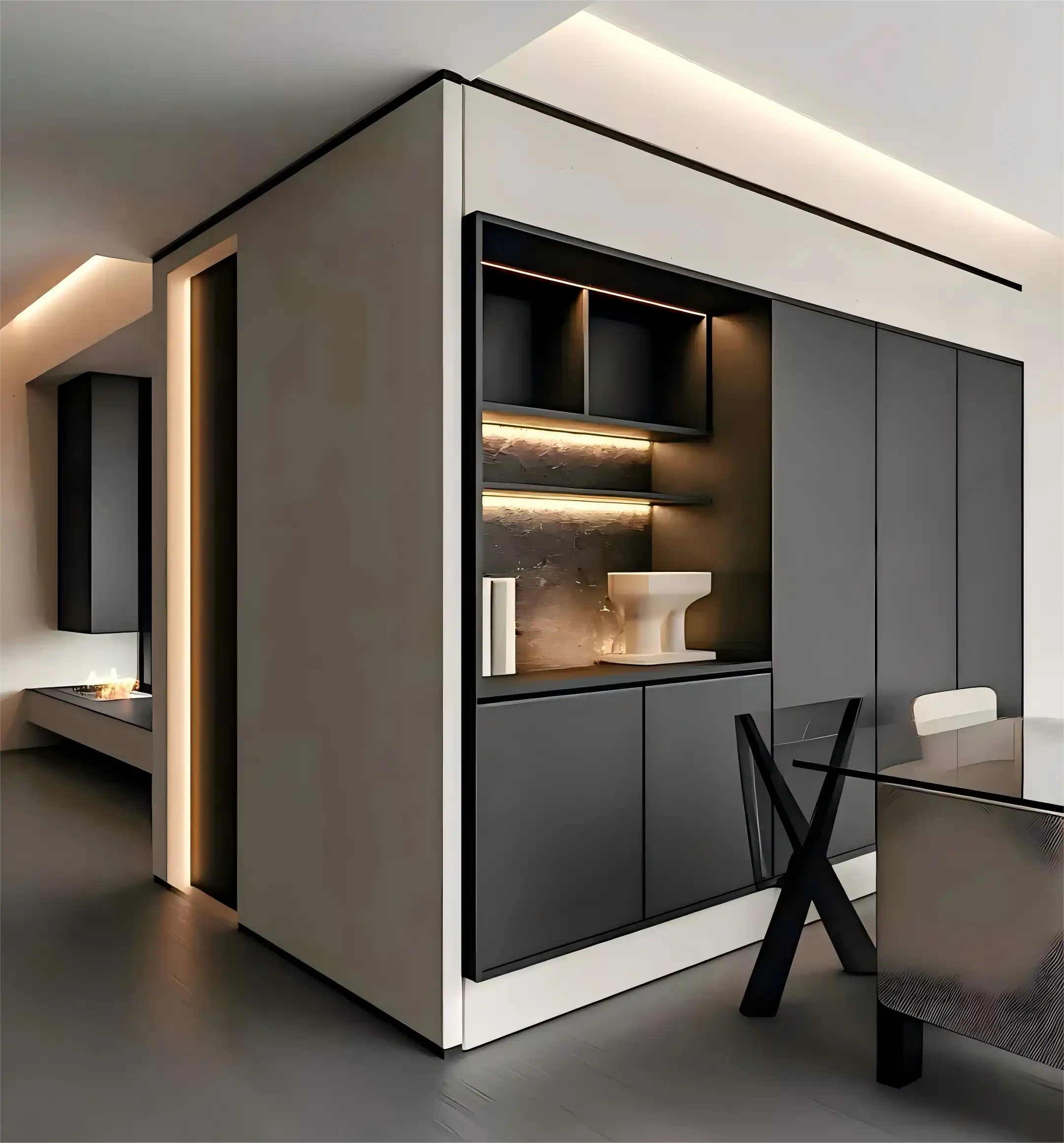 Ultra-modern black and white dining room cabinet with integrated LED lighting, open shelving, and textured stone accent wall in minimalist interior design