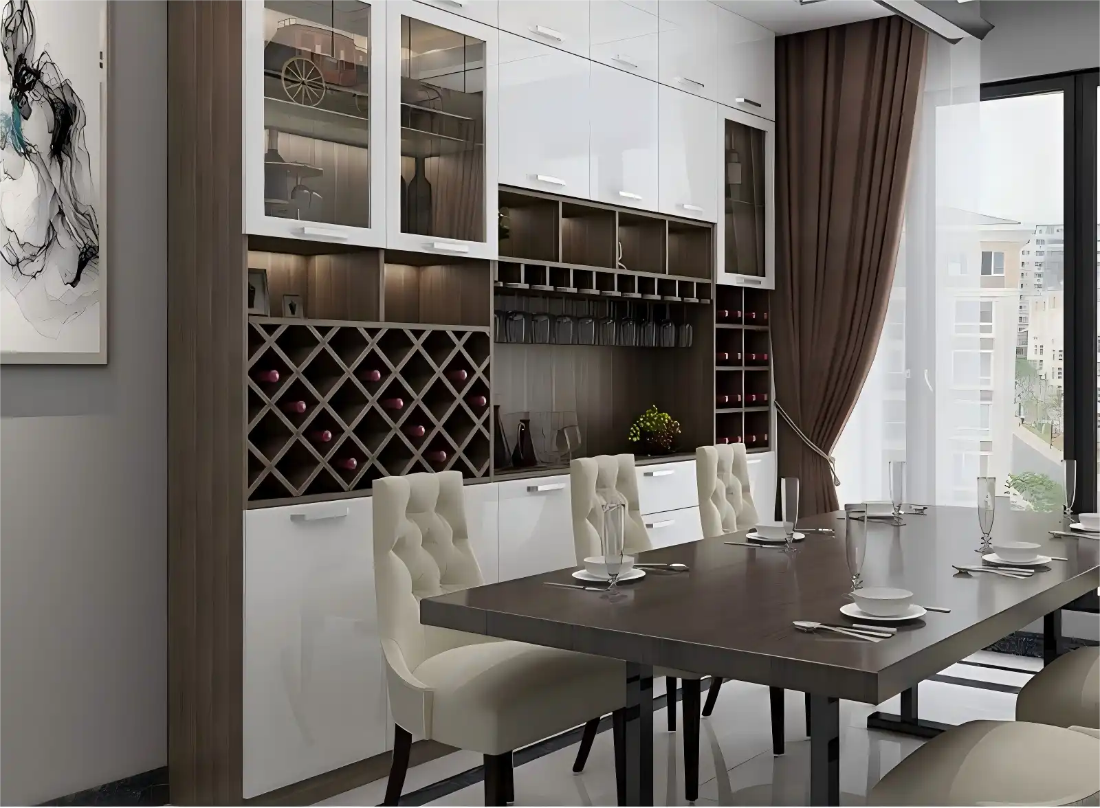 Modern white and brown wine cabinet with diamond-shaped bottle racks, glass-front doors, and integrated glassware storage in dining room