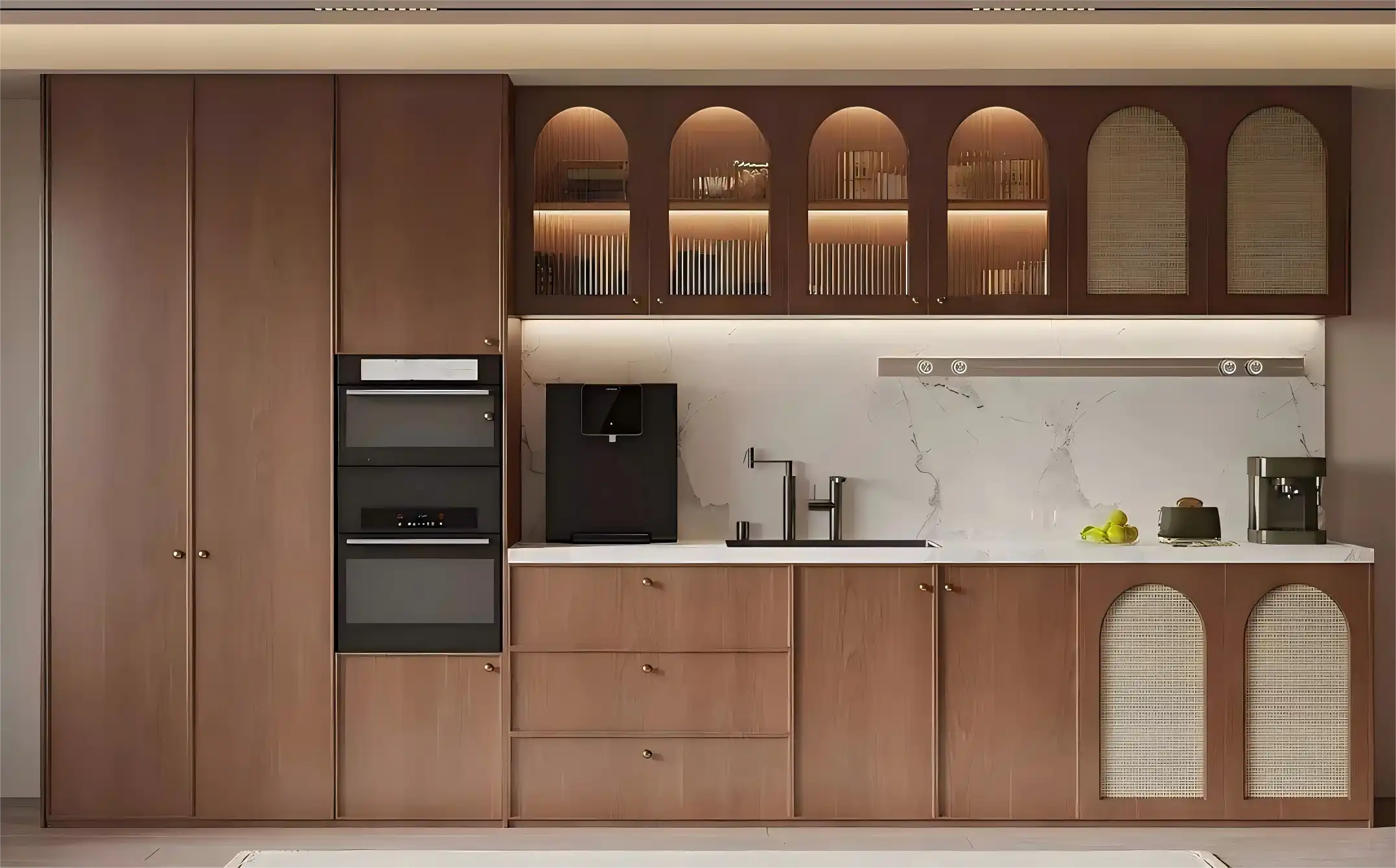 Traditional wooden dining room cabinet storage with arched glass doors, LED interior lighting, and woven rattan panels for dinnerware and book organization