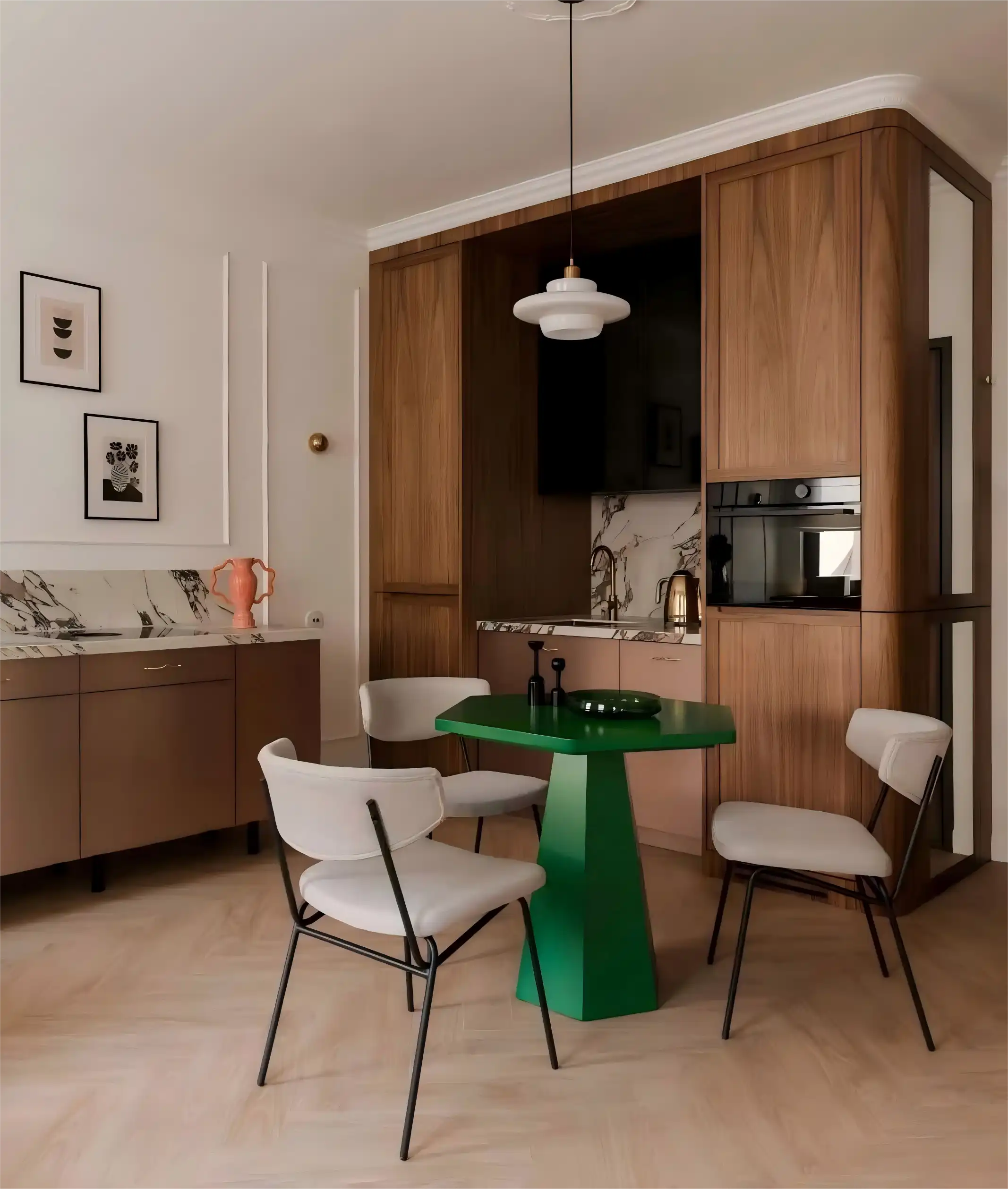 Walnut wood dining room cabinet with integrated display niche, ambient LED lighting, and marble backsplash in mid-century modern interior