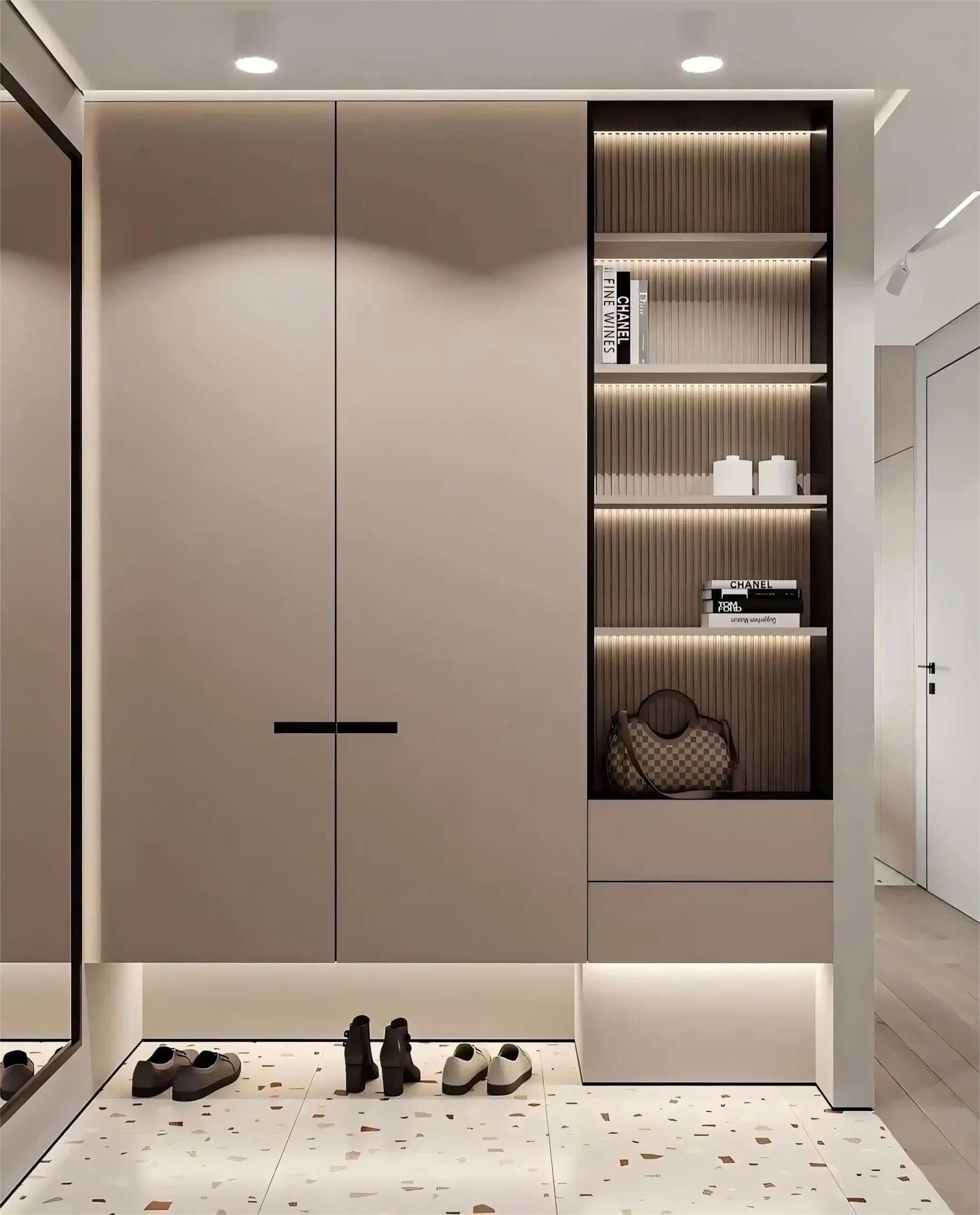 Modern entryway cabinet with LED lighting, open shelving, and storage drawers in light brown finish