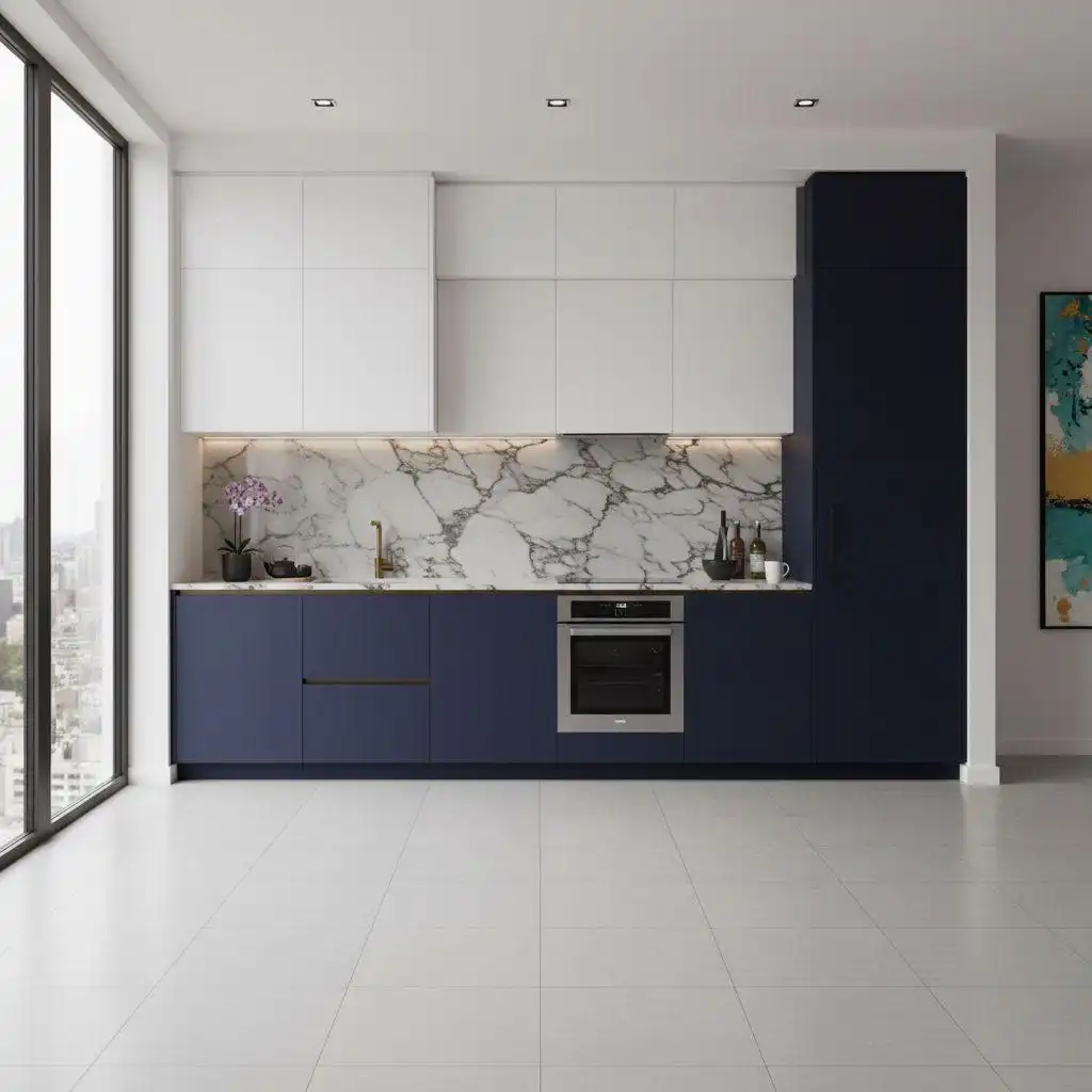 A luxury modern kitchen featuring a bold color scheme with dark blue base cabinets, white upper cabinets, and a striking white marble slab backsplash. The kitchen has a large floor-to-ceiling window offering city views.
