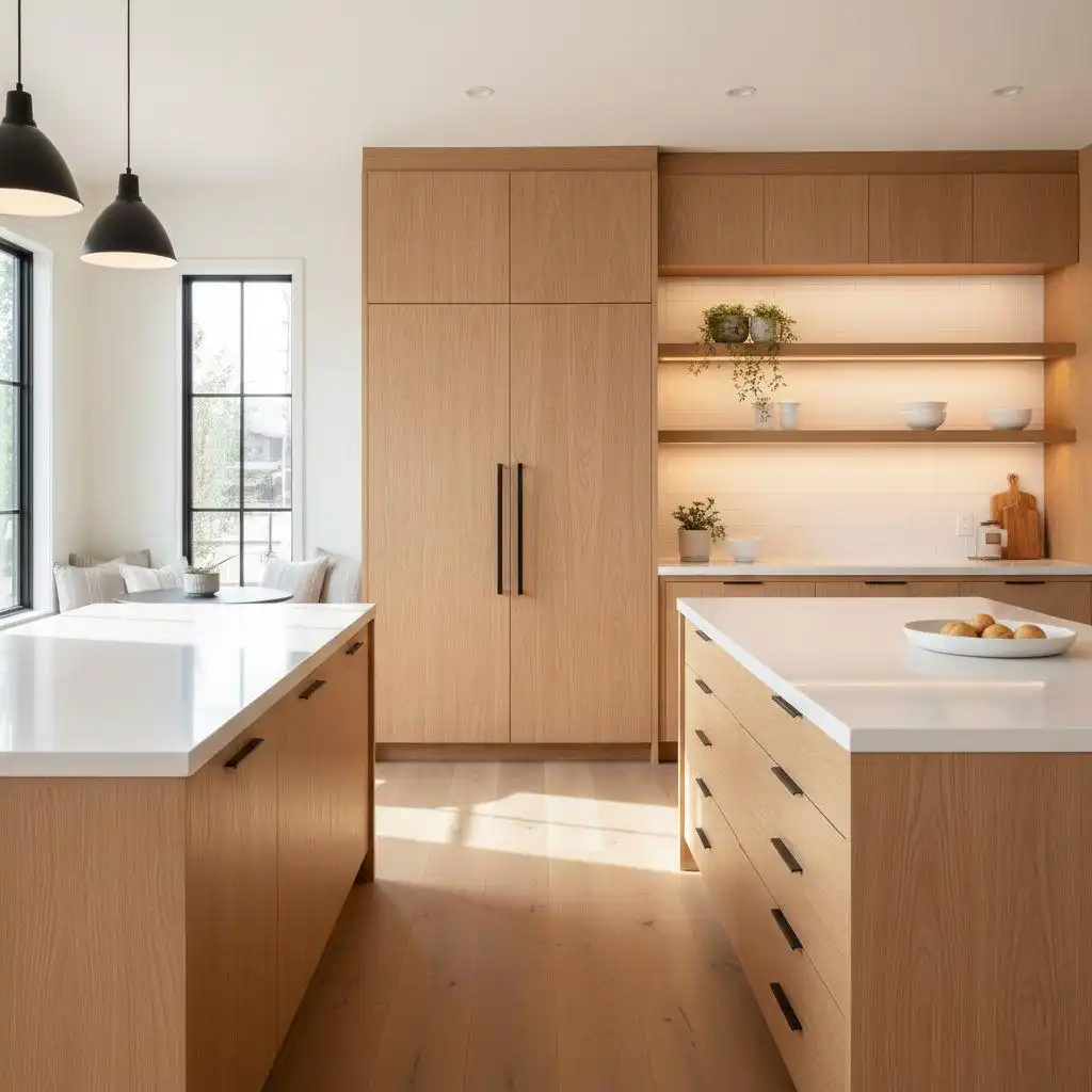 Modern white oak kitchen cabinets with integrated refrigerator and two large quartz-countertop islands.