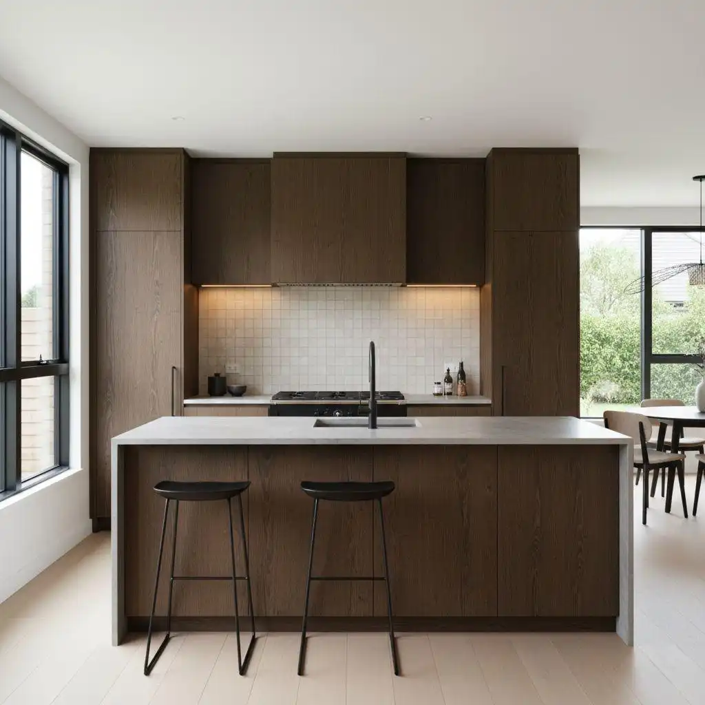 Modern dark stained wood kitchen cabinets with integrated appliances, waterfall island, black faucet, and light oak flooring.