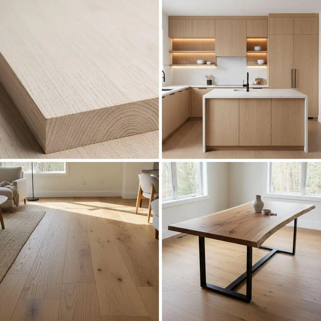 Collage showing white oak kitchen cabinets, close-up of light oak wood grain, wide-plank oak flooring, and a live-edge oak dining table.