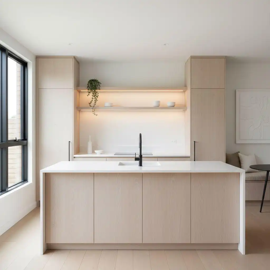Modern white oak kitchen cabinets with light wood grain, integrated island, minimalist design, and subtle black hardware.