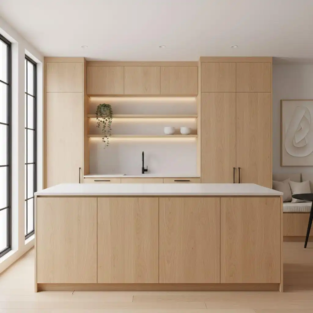 Minimalist white oak kitchen cabinets featuring full-height storage, integrated floating shelves, and a large central island with white countertop.
