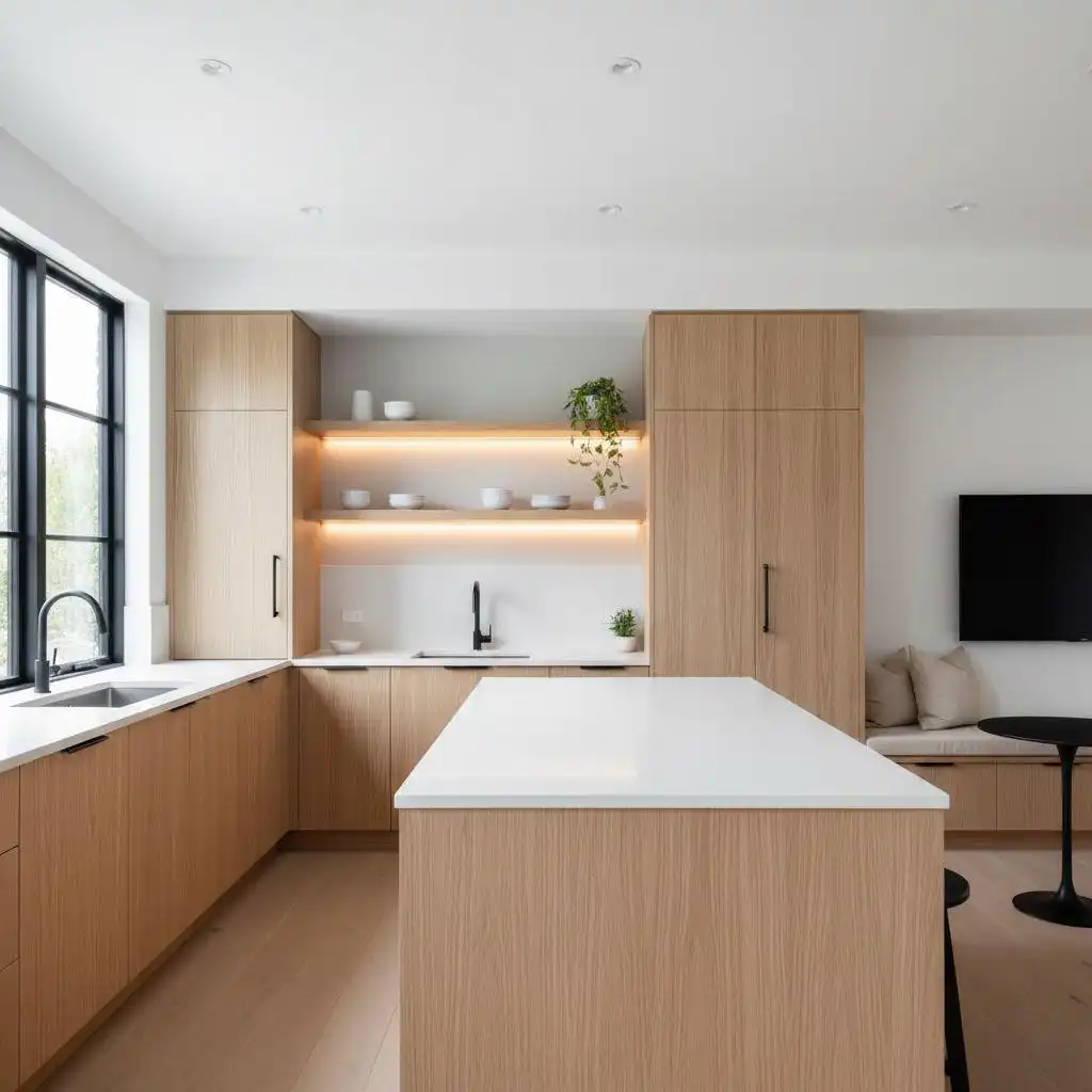 Modern L-shaped white oak kitchen cabinets and island with integrated storage, bright white countertops, and open, illuminated shelving.