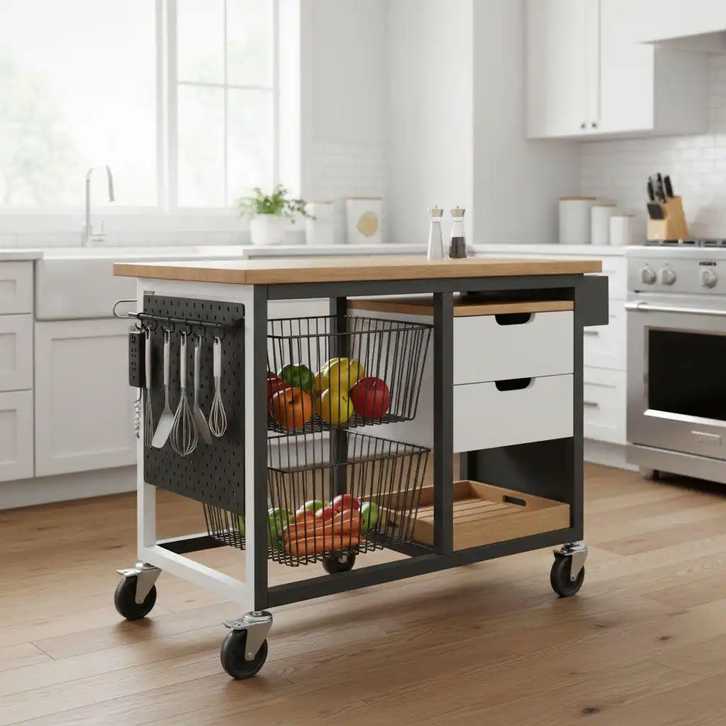 Modern dark green kitchen with a small kitchen island featuring a wooden countertop and two brown bar stools, set against a backdrop of light gray square tiles and a sliding glass door.
