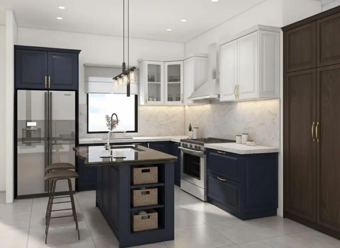 Traditional navy blue and white kitchen featuring a built-in small kitchen island with a dark countertop, open shelving for wicker baskets, and a breakfast bar overhang with bar stools.