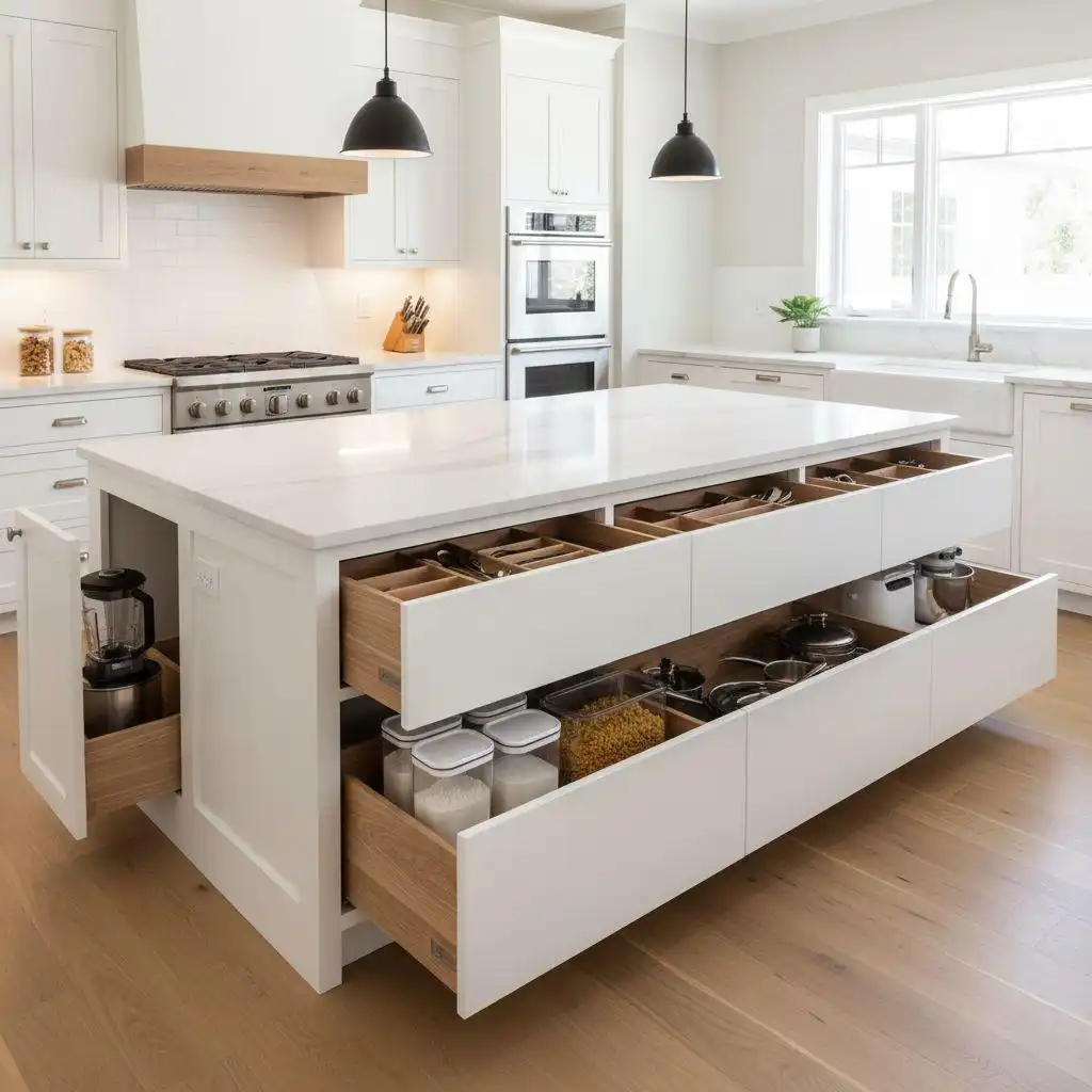 All-white kitchen with a small kitchen island featuring a white marble countertop and deep, organizational drawers with natural wood interiors pulled open to display cutlery and pantry storage.