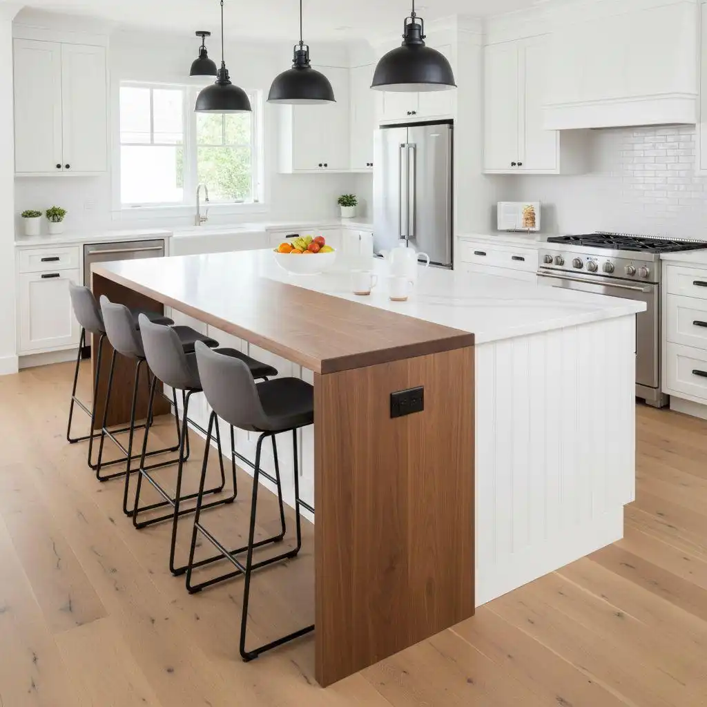 Bright white kitchen featuring a long small kitchen island with a white countertop and an integrated, lower dark wood breakfast bar seating four gray stools, illuminated by black pendant lights.