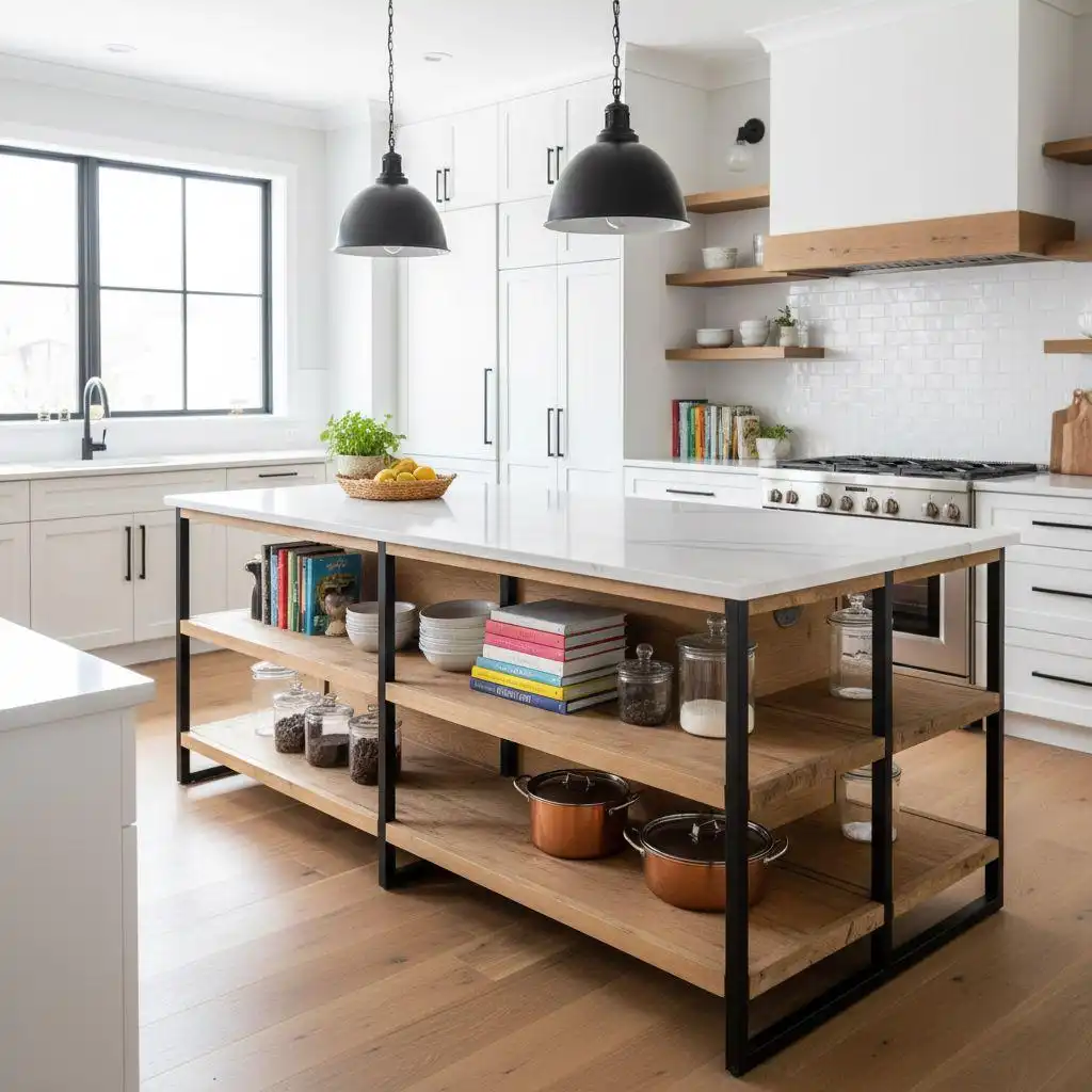Rustic modern white kitchen featuring a rectangular small kitchen island with a white countertop, industrial black metal frame, and two open wooden shelves used for accessible storage of cookbooks, bowls, and pantry items.