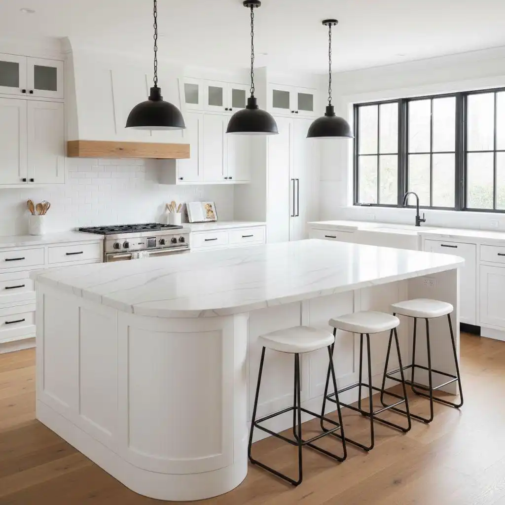 Bright, white modern farmhouse kitchen featuring a large small kitchen island with a thick marble-look countertop, rounded corners, and seating for three white and black stools.