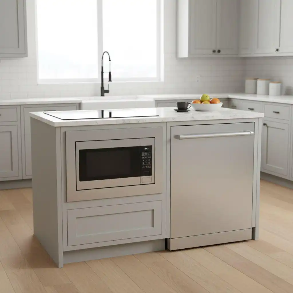 Functional gray kitchen with a small kitchen island integrating a microwave drawer, a dishwasher, and a flush-mounted cooktop, topped with a white marble-look countertop.