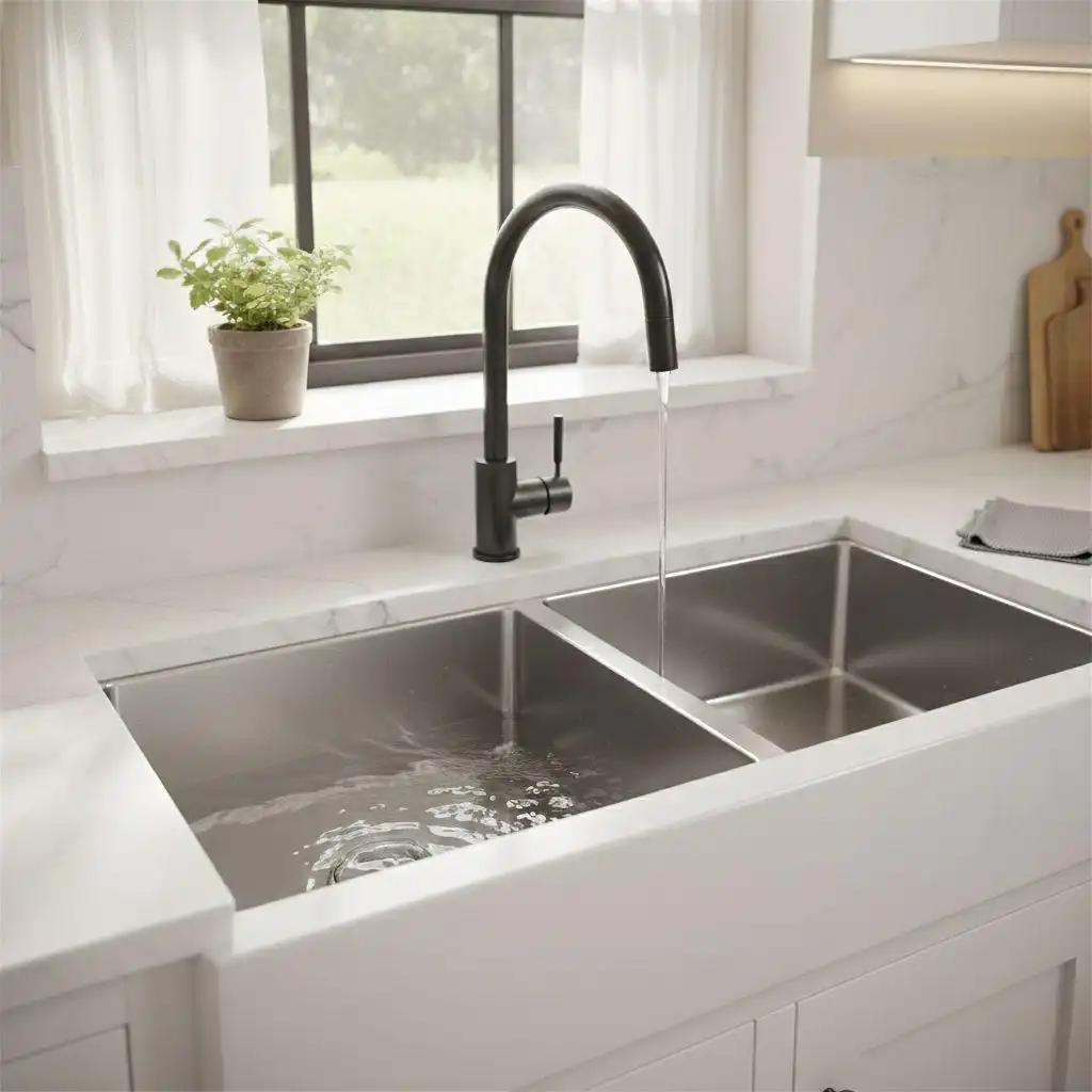 A modern farmhouse kitchen sink featuring two stainless steel basins and a tall, matte black gooseneck faucet with water currently running into the left basin.