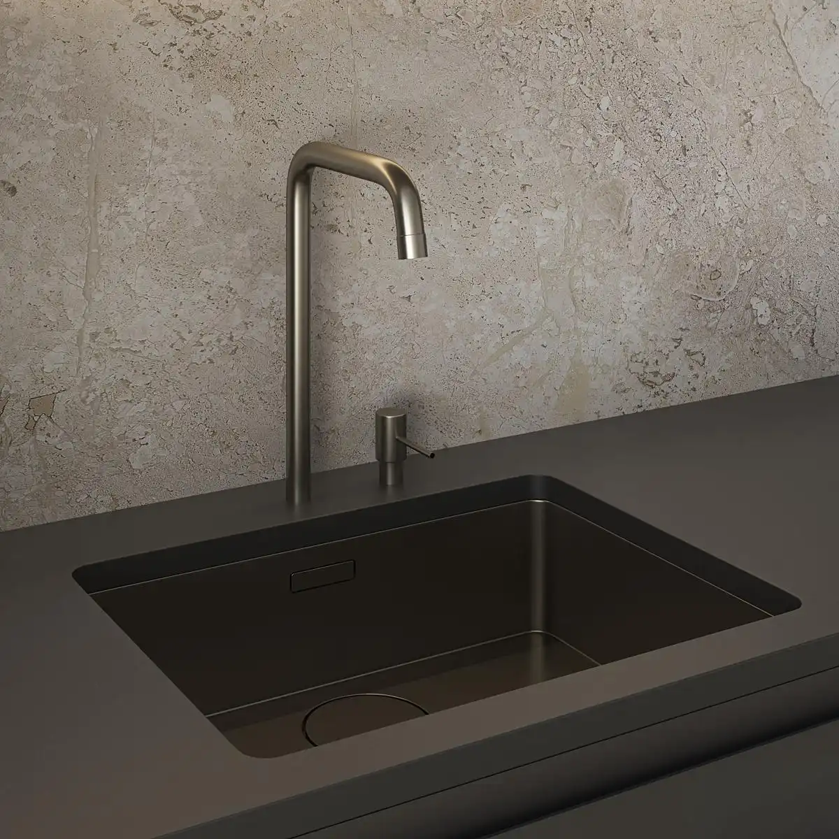 A sleek, minimalist kitchen sink with a square black basin seamlessly integrated into a dark countertop, featuring a modern brushed nickel or stainless steel U-shaped faucet.