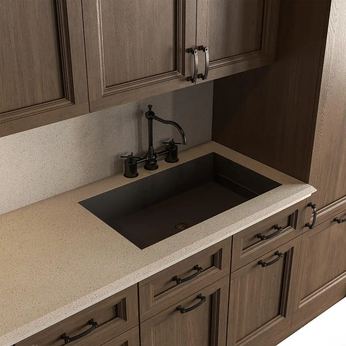 A transitional style laundry or utility sink area with dark brown wood cabinetry, a light speckled countertop, and a rectangular black undermount sink with a dark bronze or black bridge-style faucet.choosing the right kitchen sink cabinet