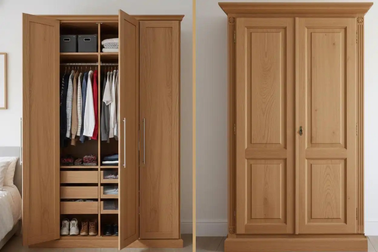 Comparison of an open modern light oak solid wood wardrobe and a closed traditional panel light oak solid wood wardrobe.