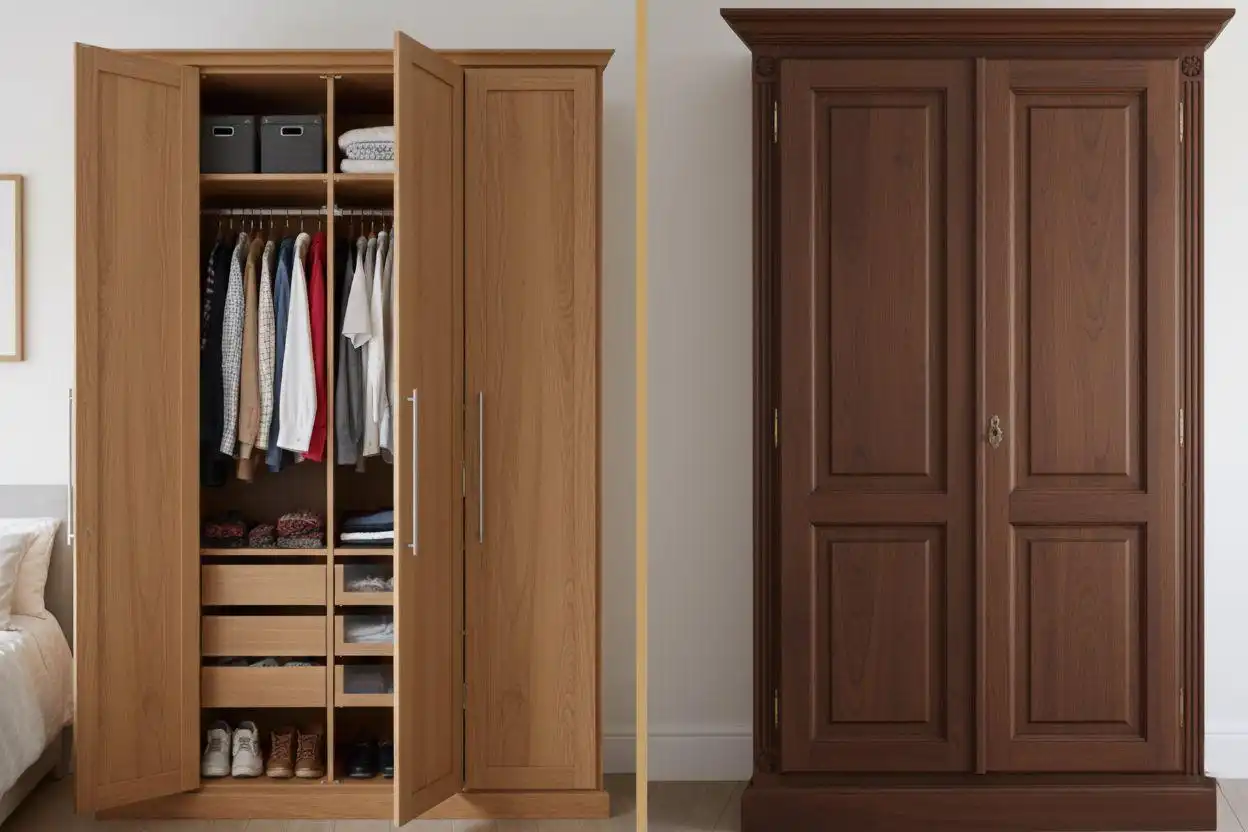 Comparison of an open light oak modern solid wood wardrobe and a closed dark walnut traditional solid wood wardrobe.
